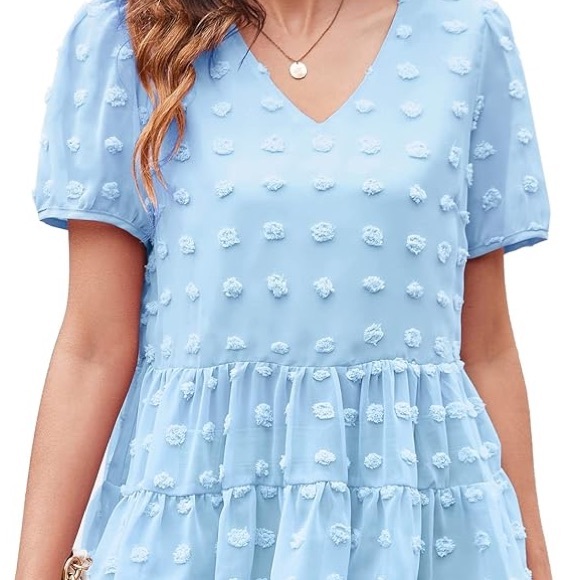 (A8) HOTOUCH Swiss Dot Short Sleeve Blouse Ruffle Hem Chiffon V-Neck, Sz L, NWT - Picture 7 of 7